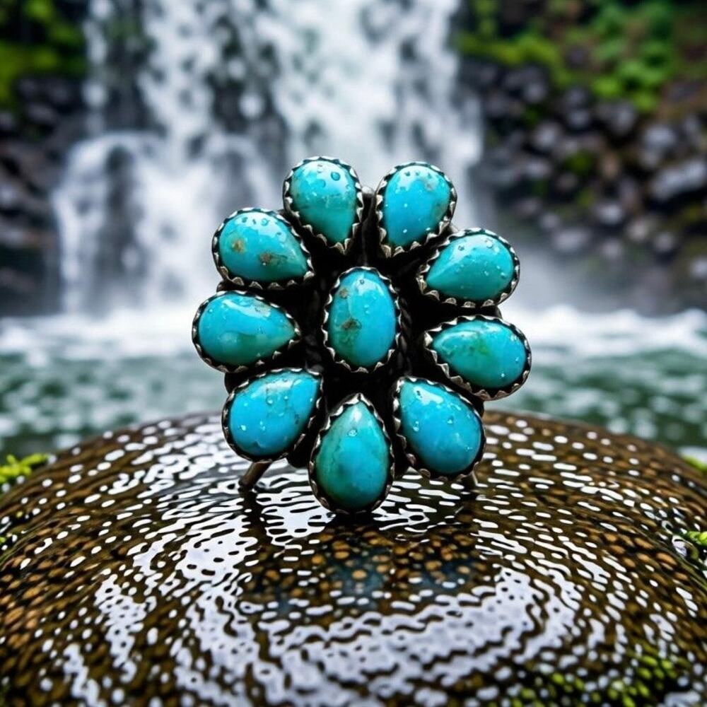 Kingman Turquoise Cluster Ring Sterling Silver 925 Oval Teardrop Sawtooth Size 7 - Picture 6 of 10